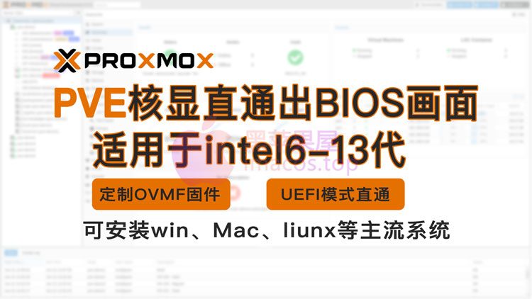 定制OVMF固件实现PVE8环境UEFI模式直通Intel核显并显示BIOS适用于intel6-13代处理器pve8核显直通画面win10+macOS系统画面显示教程，可以外接显示器