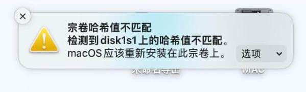 宗卷哈希值不匹配 检测到disk1s1上的哈希值不匹配。 macOS应该重新安装在此宗卷上。